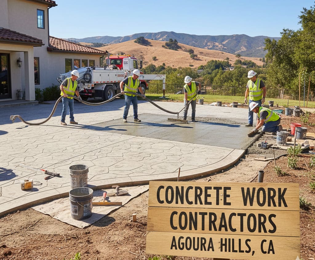 Agoura Hills concrete contractors pouring and finishing a new driveway on a hillside property