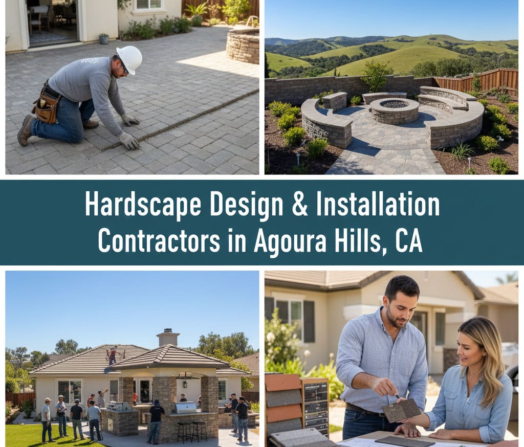 Agoura Hills hardscape contractors installing custom patio with outdoor kitchen and fire pit